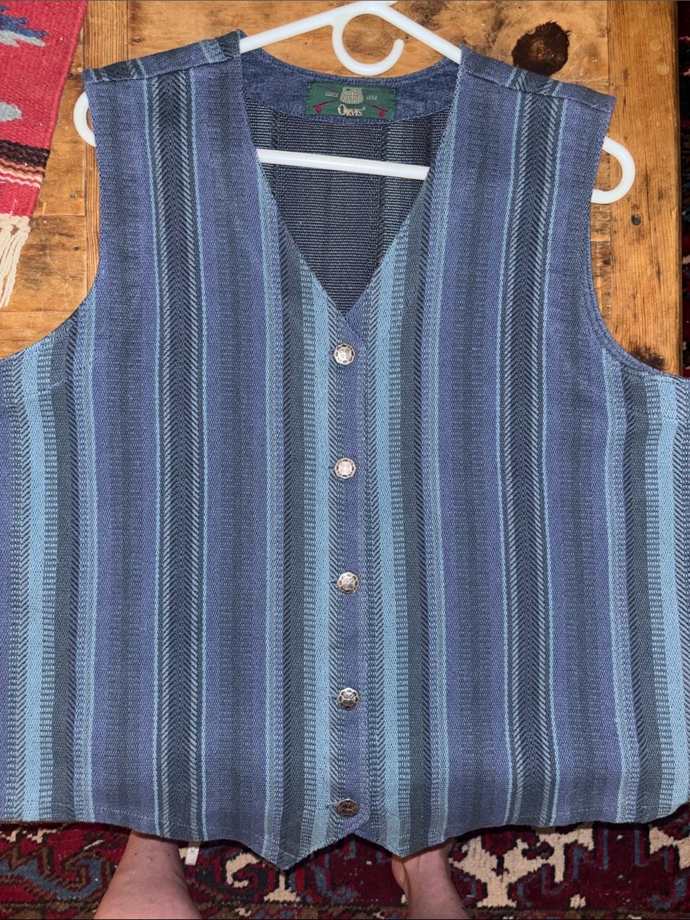 Orvis Navy and Light Blue Striped Button Vest Bohemian, Western , Gypsy  Style